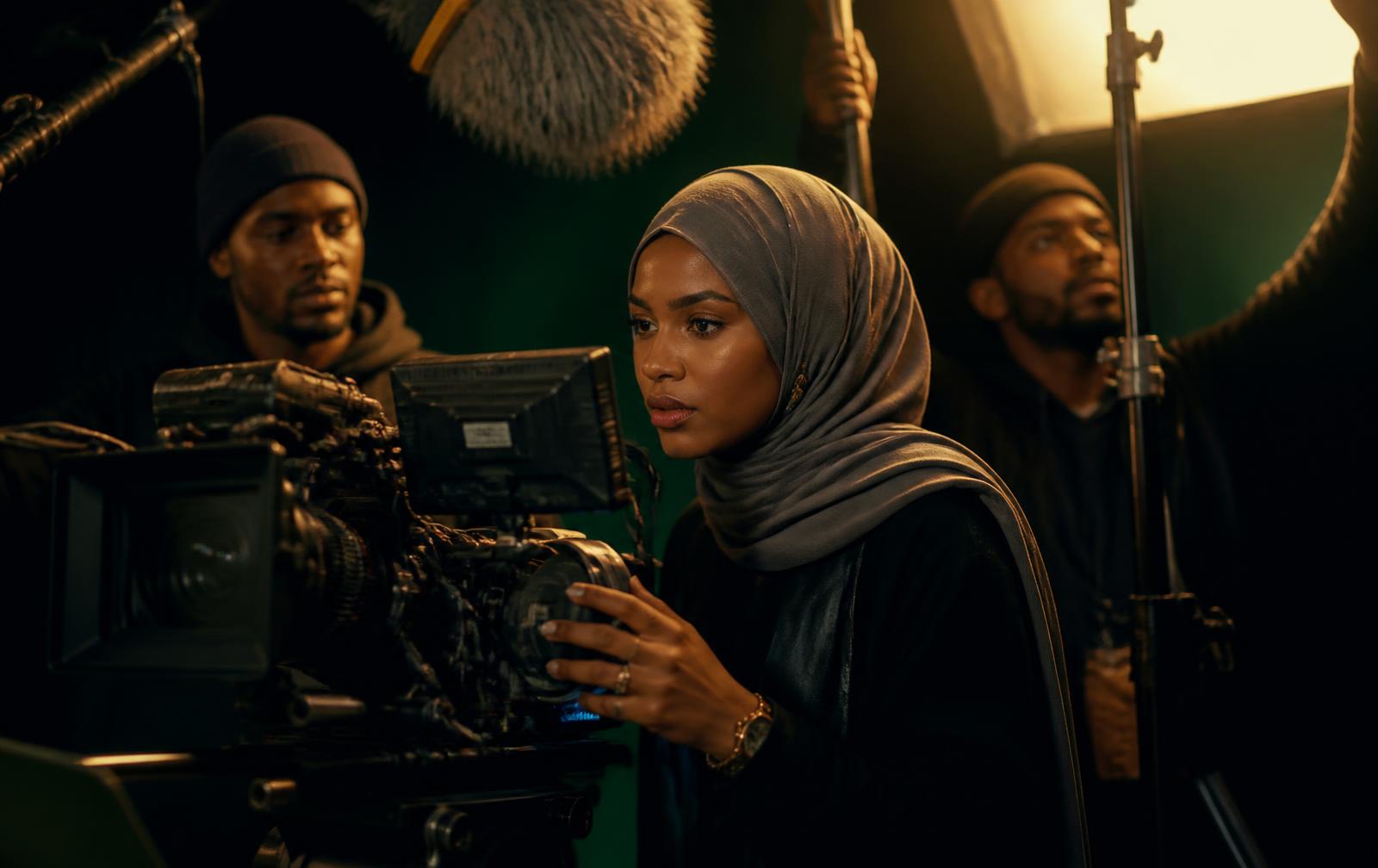 A Black Muslim director in hijab checking the monitor beside her camera crew on a BMT Studios set