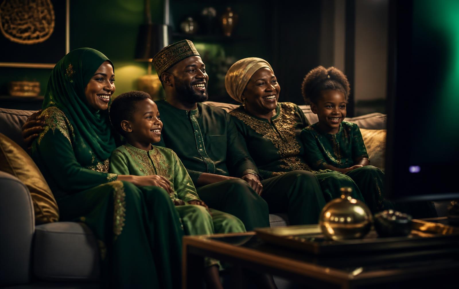 A Black Muslim family of five watching BMT together in a warmly lit living room